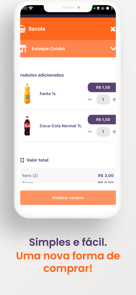 Easy Buy Brasil - Mobile app screen showing the shopping bag with beverages and a checkout button