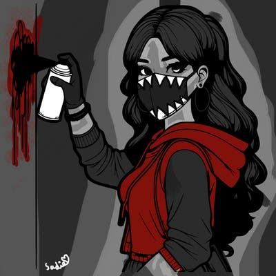 realistic girl with mask spray painting a wall