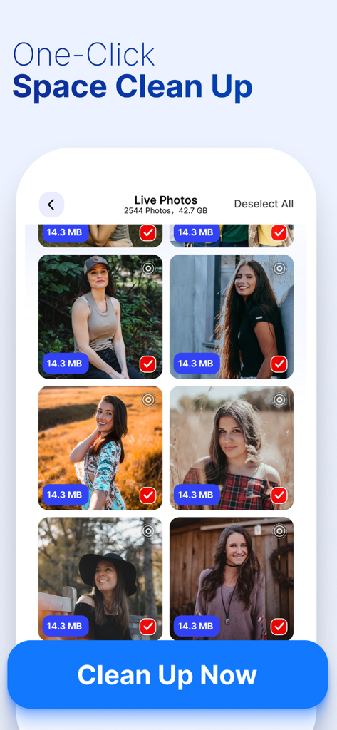 CleanSweep Go: Phone Booster - 라이브 사진을 위한 원클릭 공간 정리 기능을 보여주는 CleanSweep Go 앱 인터페이스