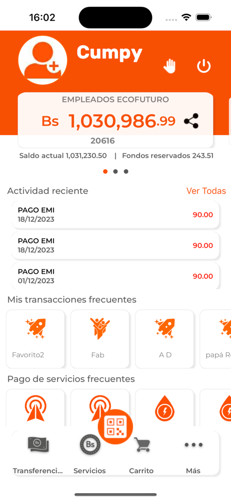 econet - Painel de controlo do mobile banking Econet mostrando o saldo da conta em Bolivianos, atividades recentes e menus de acesso rápido