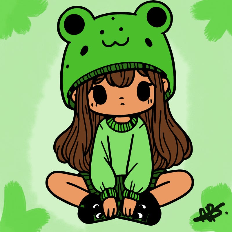 a girl wearing a frog hat and some frog socks