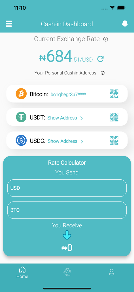 Cash-in: Crypto to naira app - Cash-in app dashboard displaying current USD to Naira exchange rate, crypto wallet addresses for Bitcoin, USDT, USDC and a currency converter