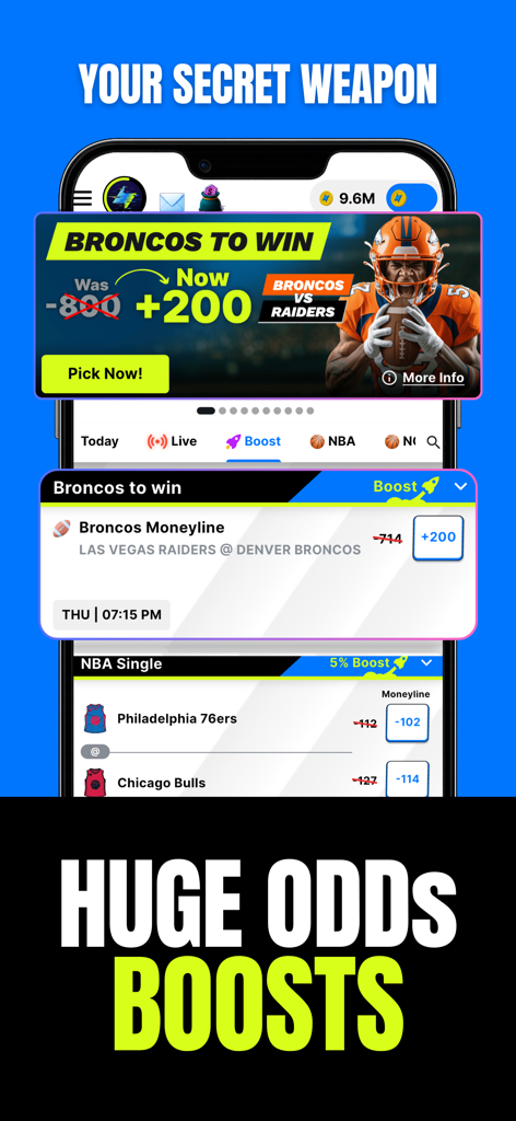 Thrillzz Fun Social Sportsbook - Um smartphone exibindo o aplicativo Thrillzz social sportsbook com um aumento de odds em destaque para um jogo da NFL entre os Broncos