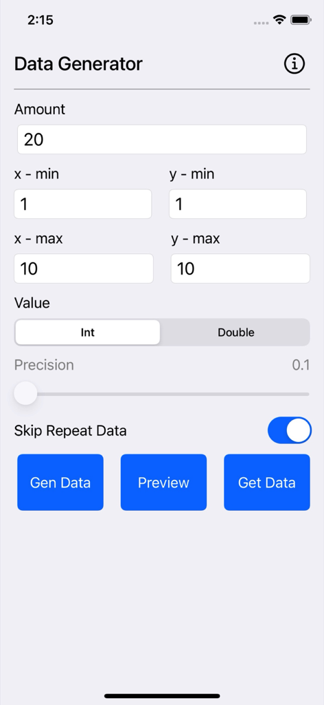 Data Generator Plus - Pantalla principal de la aplicación Data Generator Plus que muestra campos para la cantidad de datos, rangos de coordenadas y tipos de valores.