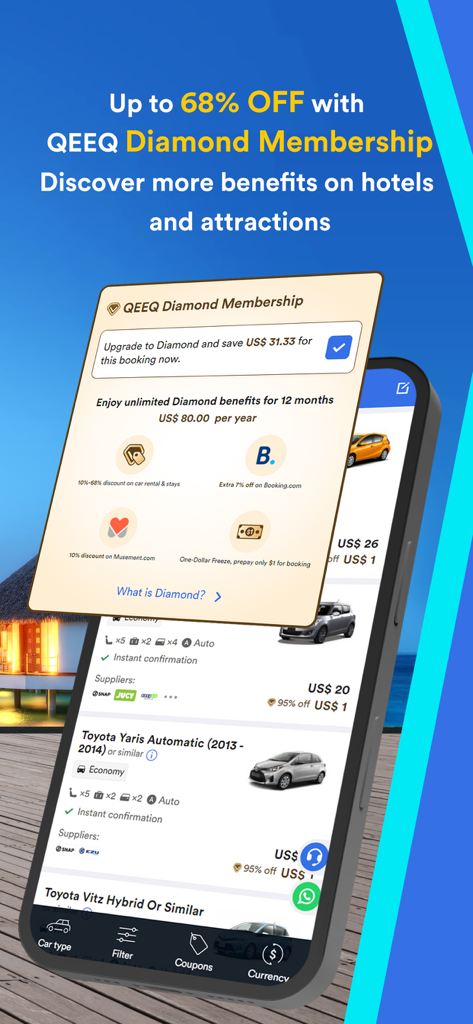 QEEQ Car Rental app showing Diamond Membership benefits and exclusive travel deals