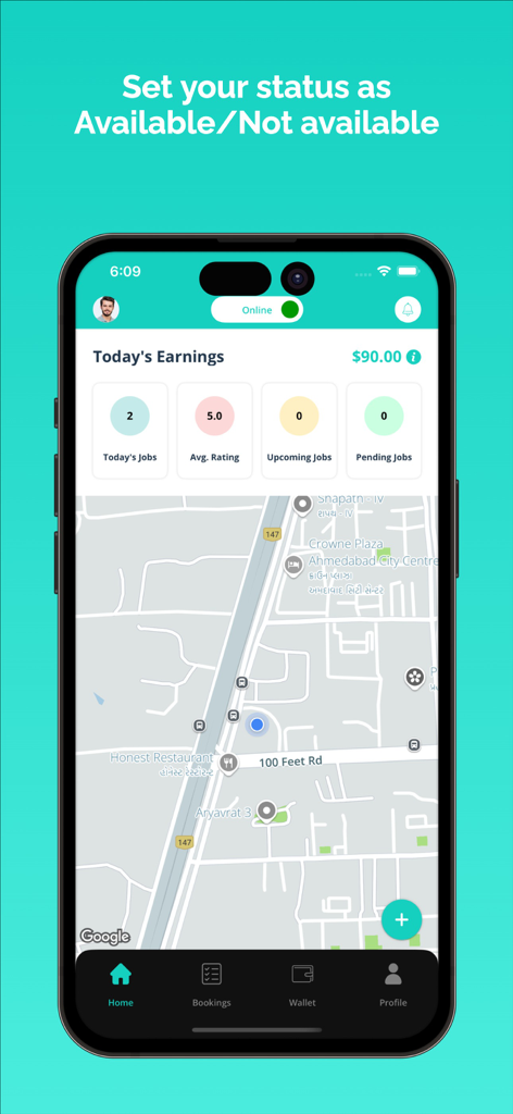 XMassage Masseur - Painel do provedor XMassage Masseur exibindo ganhos, estatísticas de trabalhos e alternância de status de disponibilidade