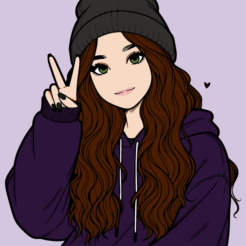 a teenage girl in a beanie, oversized sweatshirt, wavy long hair, and is showing a ✌️