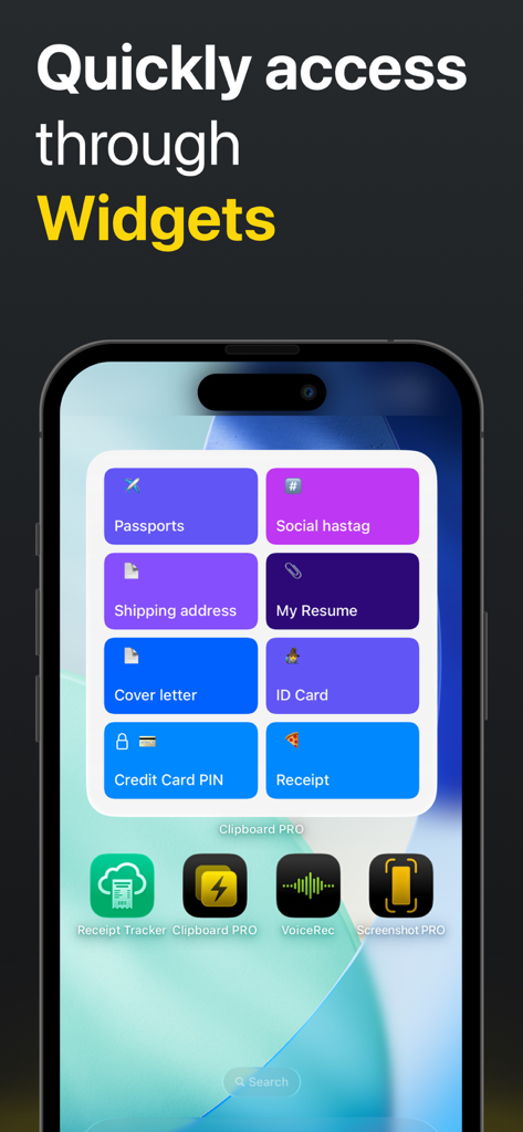 Clipboard PRO: Paste Anywhere - Clipboard PRO iOS widget showing shortcuts for passports resume and other clips
