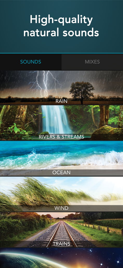 Tinnitus Aid: ringing relief - Tinnitus Aid app screen showing a menu of high quality natural sounds like rain ocean and wind with beautiful images