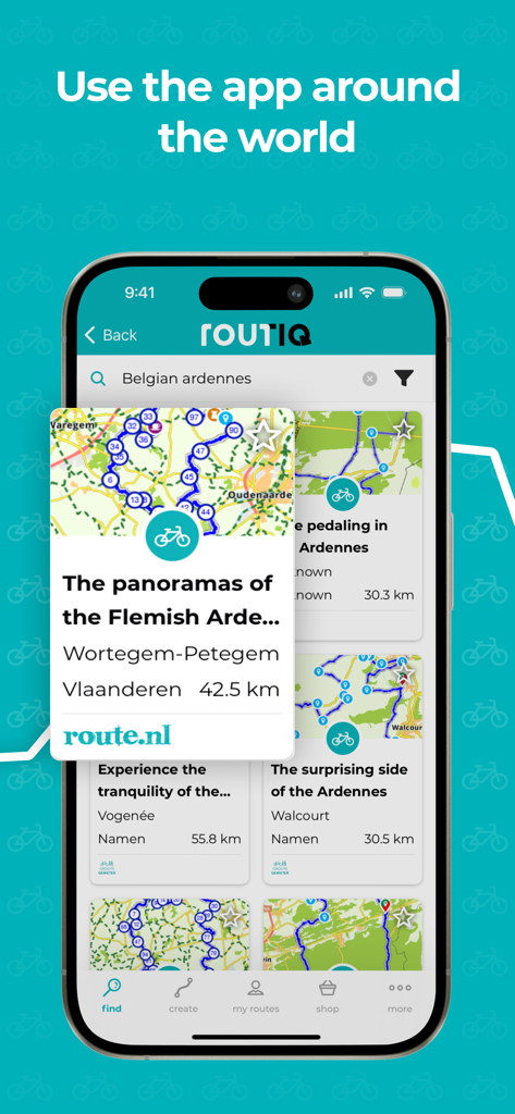 Routiq, Outdoor routes - Interface do aplicativo móvel Routiq mostrando uma lista de rotas de ciclismo e caminhada disponíveis em todo o mundo.
