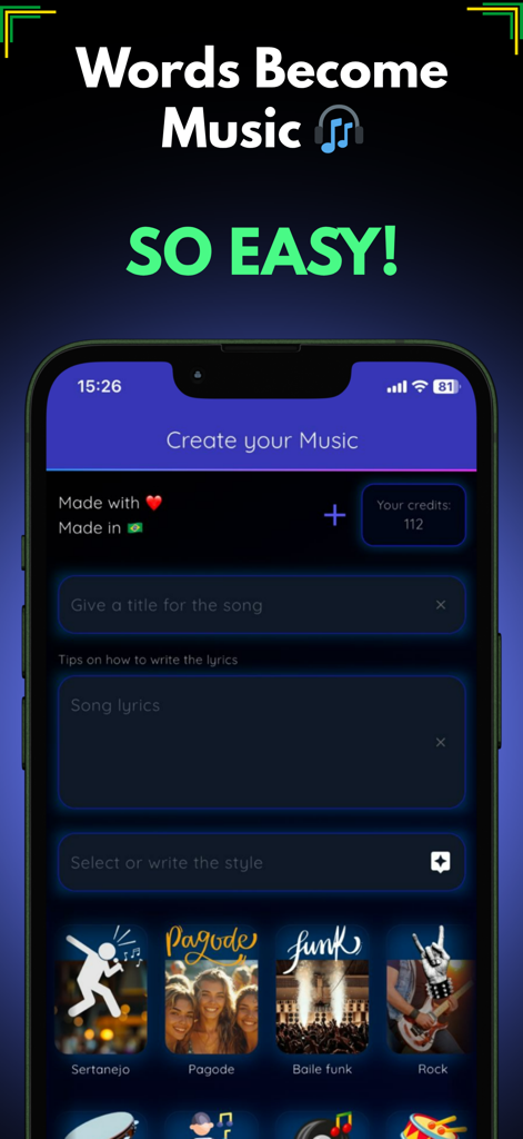 Music Creator AI - Advanced - Interface d'application mobile pour créer de la musique IA avec des champs de saisie pour les paroles et une sélection de styles musicaux brésiliens.