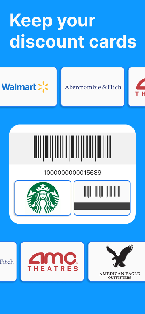 Secure Card Manager & Wallet - Una interfaz móvil para gestionar tarjetas de fidelidad digitales de marcas como Walmart, Starbucks y AMC Theatres con un código de barras escaneable.