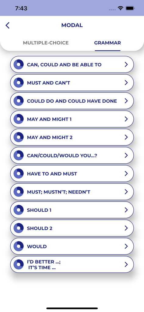 PORO - English Grammar - A list of English grammar lessons focusing on modal verbs such as can, could, and must within the PORO app interface.