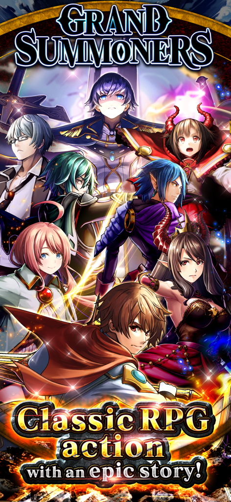 Arte promocional de Grand Summoners que muestra varios personajes de anime y el texto Acción RPG clásica con una historia épica.