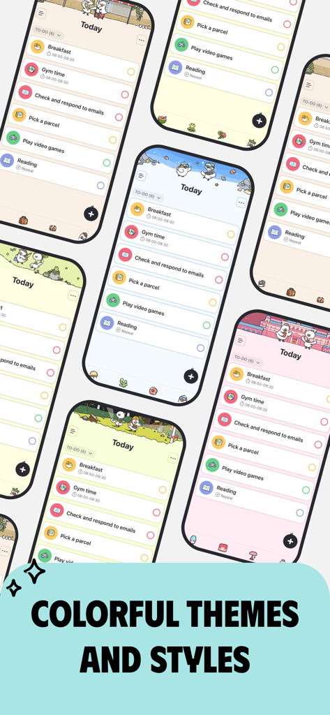 Various colorful and aesthetic to-do list themes in the Plan Joy app