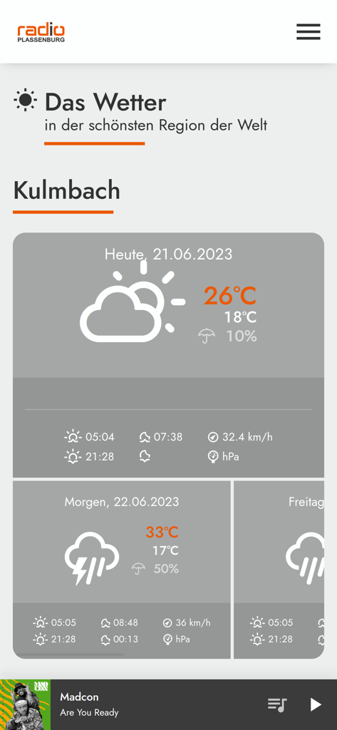 Previsão do tempo local para Kulmbach no aplicativo móvel Radio Plassenburg
