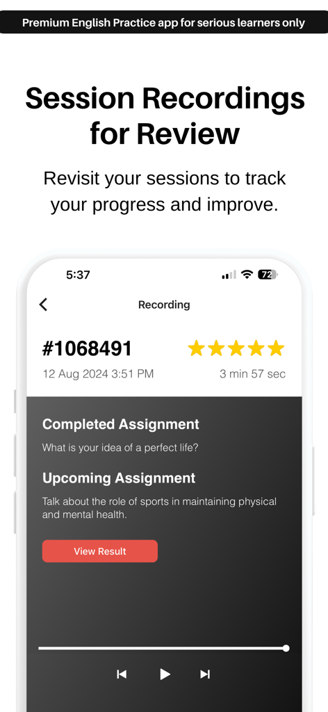 EngVarta: English Speaking App - 完了した課題と進捗状況の追跡とともに録画された英語練習セッションをレビューするためのモバイルインターフェース