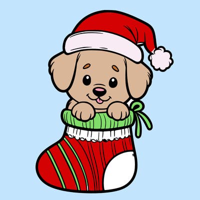 cute puppy wearing santa hat in socking