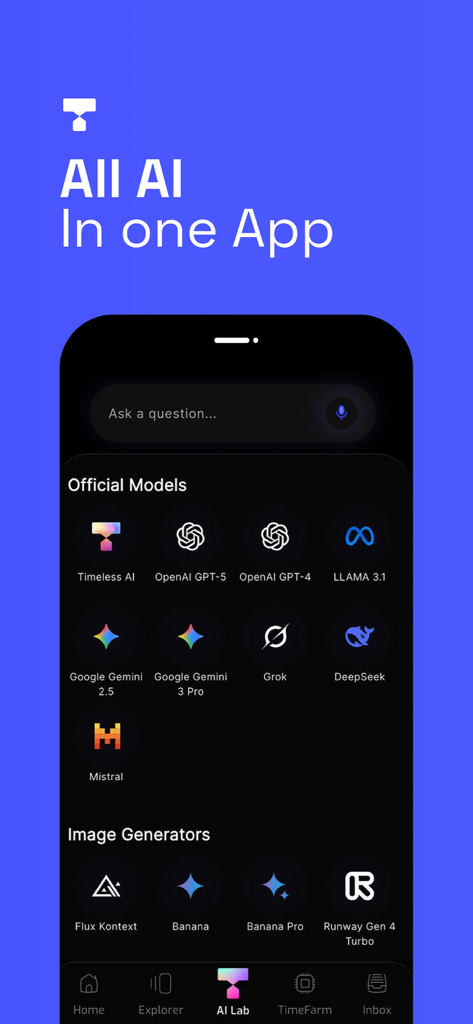 Selection of official AI models and image generators in the Timeless app interface.