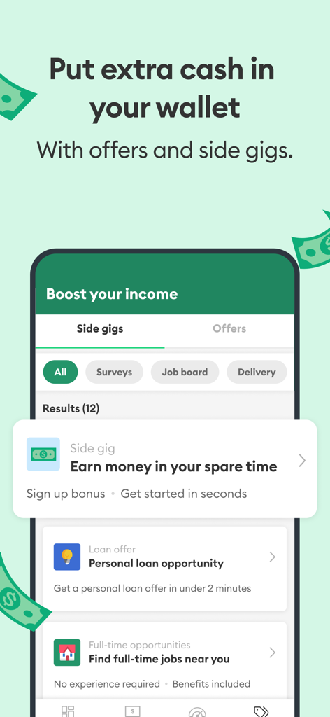 Brigit app screen showing side gigs and job offers to earn extra cash