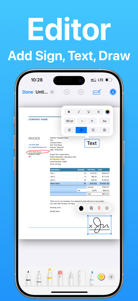 Una pantalla de iPhone que demuestra las capacidades de edición de PDF, incluida la adición de texto y firmas digitales.