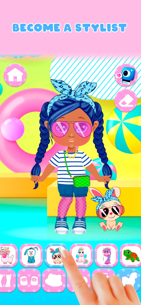 A digital doll being styled with sunglasses and a headband alongside a pet bunny in a colorful dress up game.
