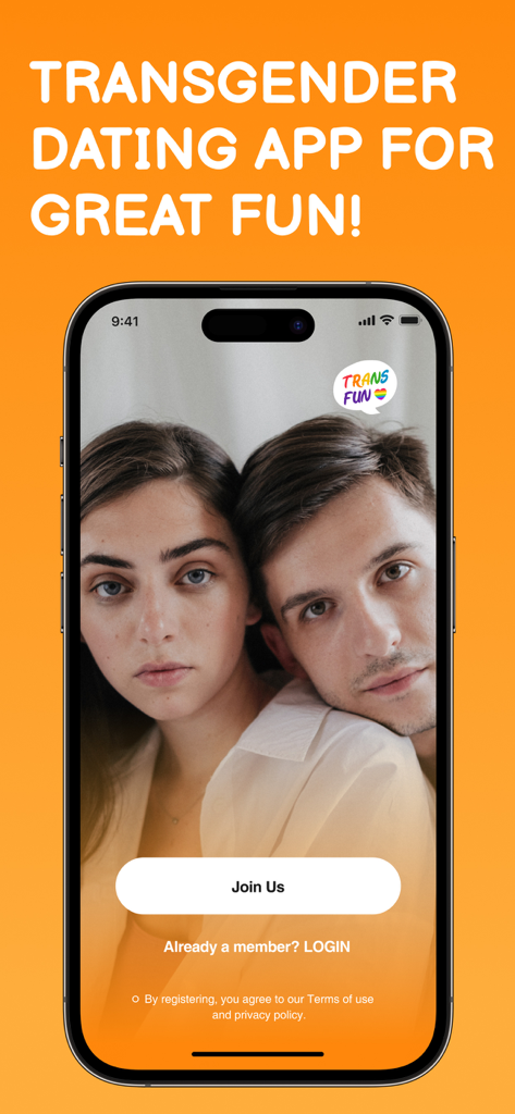 Transgender Dating: IC - Pantalla de bienvenida de la app de citas transgénero TransFun con una pareja y un botón Únete