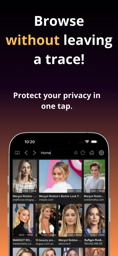 Private Browser : Secure Web - iPhone mostrando a interface do navegador privado com resultados de pesquisa de imagens e texto sobre navegação sem deixar rastros