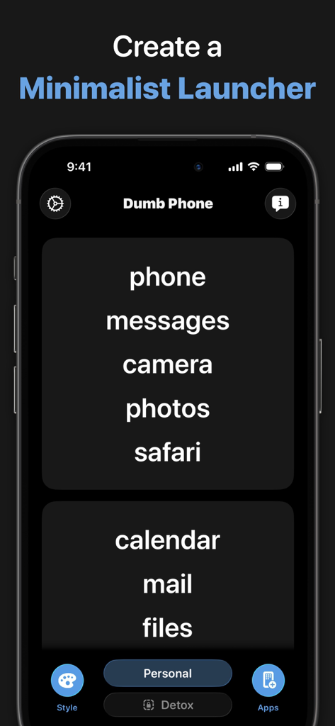 Dumb Phone (dp) - Una interfaz de pantalla de inicio minimalista de iPhone que muestra accesos directos a aplicaciones basados en texto para teléfono, mensajes y cámara sobre un fondo negro.