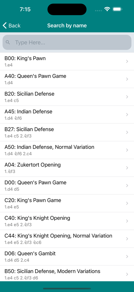 Chess Opener Lite - A searchable list of chess openings with ECO codes and starting move notations.