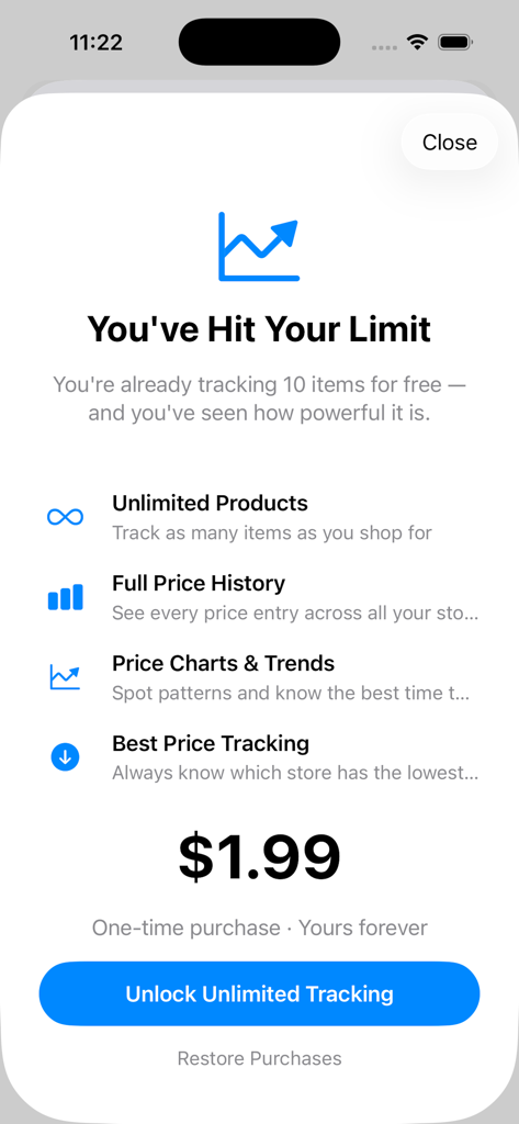 Smart Grocery Tracker - Premium upgrade screen for Smart Grocery Tracker showing features like unlimited products and price history for a one-time purchase.