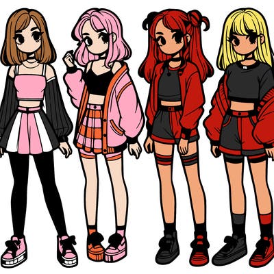 one girl with crop-top shirt and a jacket with a skirt, long socks and another girl with a shirt and pants with a jacket