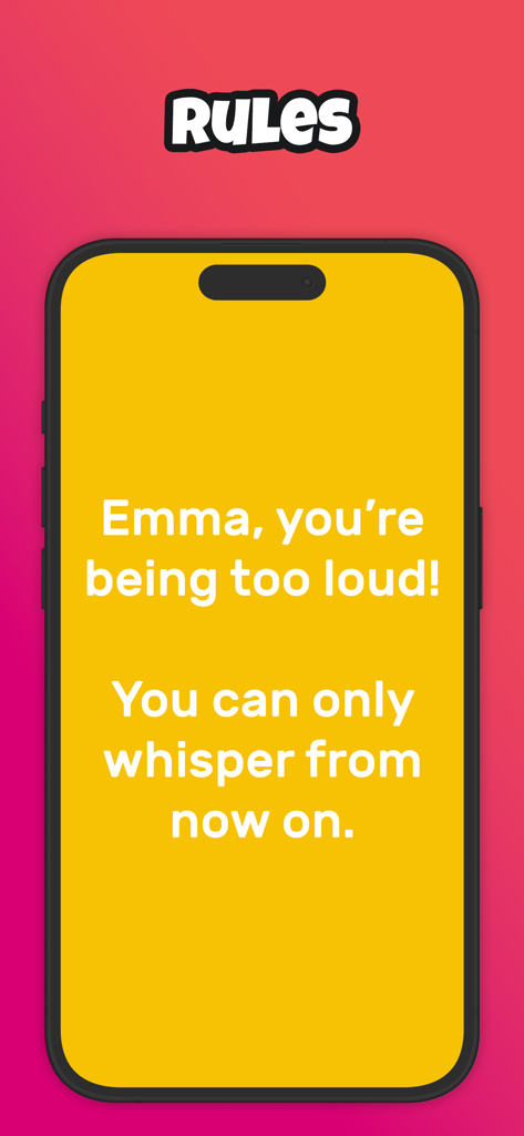 A personalized rule screen from the Cheers party game app instructing a player to whisper