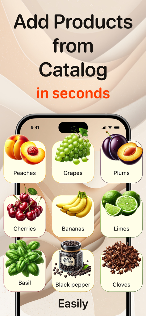 Una griglia di frutta e spezie nel catalogo prodotti dell'app Listiq