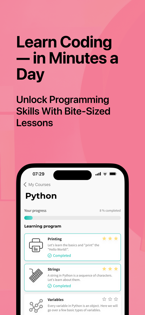 Skill: Code Microlearning - Skill app interface showing a Python programming course with bite-sized lessons including Printing and Strings.