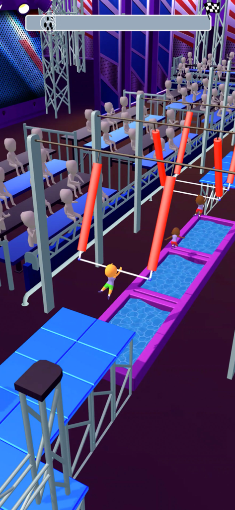 Epic Race 3D – Parkour Game - 3Dパルクール障害物コースレースで、水たまりの上にぶら下がったバーをキャラクターが swinging している様子