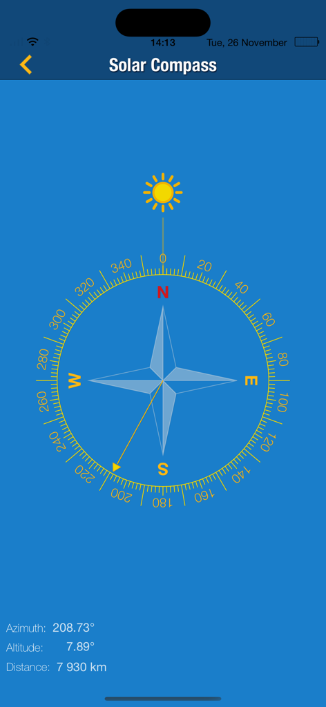 The Sun: Sunrise sunset Times - Solar compass interface showing sun azimuth and altitude data