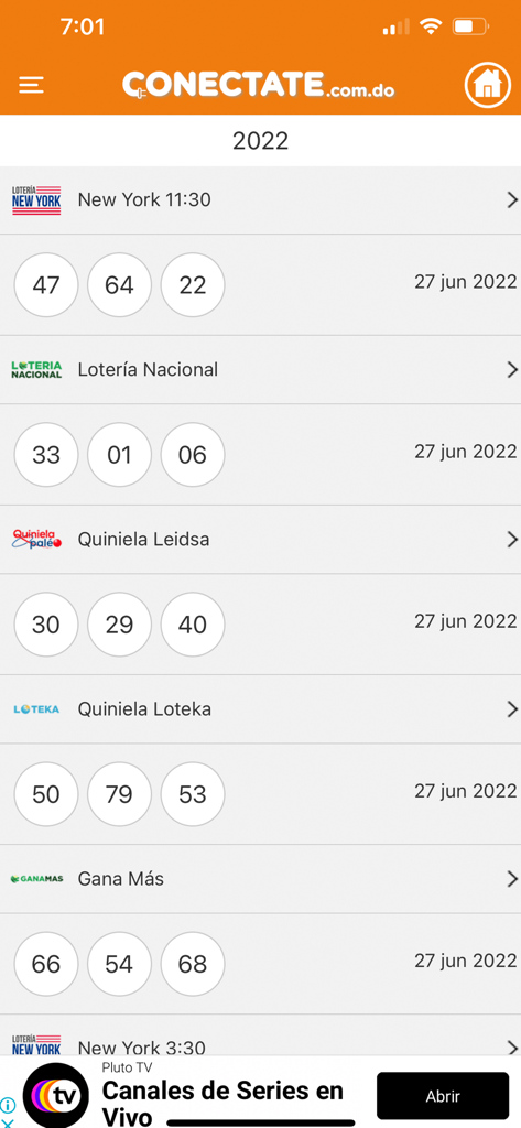 Interface do aplicativo Conectate Loterias mostrando os resultados diários para loterias dominicanas e de Nova York