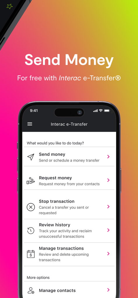 Simplii Financial - Simplii Financial Mobile App Interac e-Transfer Menü mit Optionen zum Senden und Anfordern von Geld