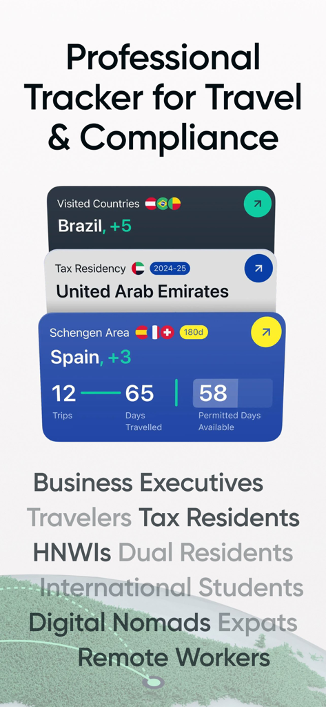 Flamingo app interface showing tax residency and visa compliance tracking cards for global citizens.