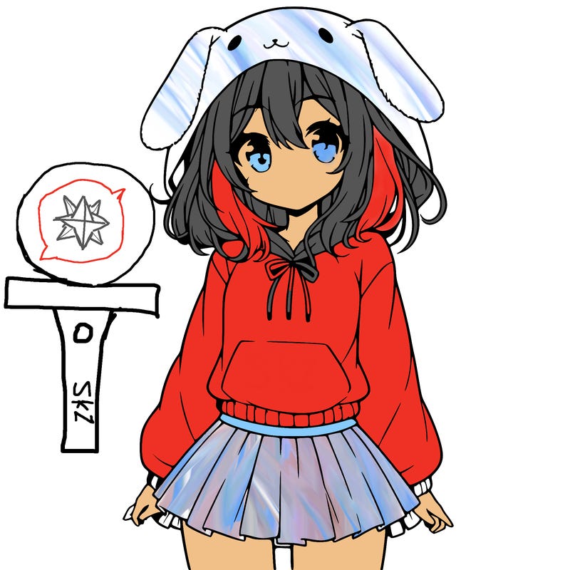 pretty anime girl wearing a fluffy hoodie with bunny ears on the hood and a skirt