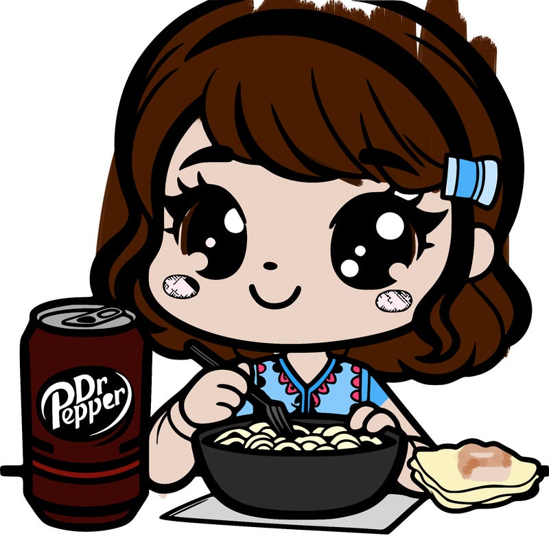 dr pepper with a girl eating some food and the drink