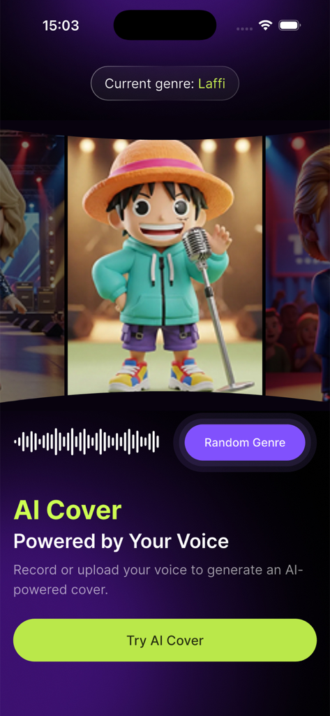 Danno AI Cover & Music Maker - Danno AI App-Oberfläche mit KI-Cover-Optionen und einer Cartoon-Figur auf der Bühne mit Mikrofon.