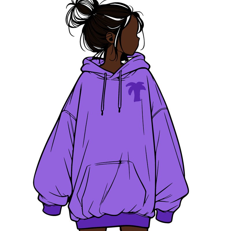 realistic girl with a oversized sweatshirt on and a bun