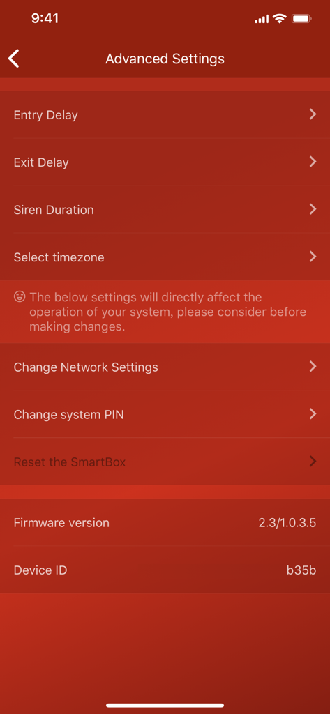 S6evo app advanced settings screen showing configuration options for entry delay siren duration and network settings