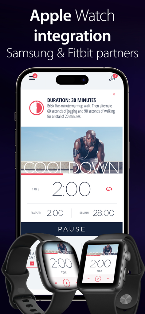 C25K running app interface displayed on an iPhone and two Apple Watches.