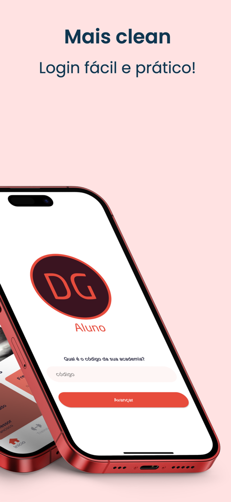 DG Aluno app login interface on a smartphone screen showing a gym code entry field