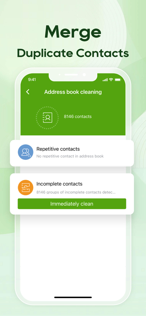 MobileSecurity app interface for merging duplicate contacts and cleaning the address book