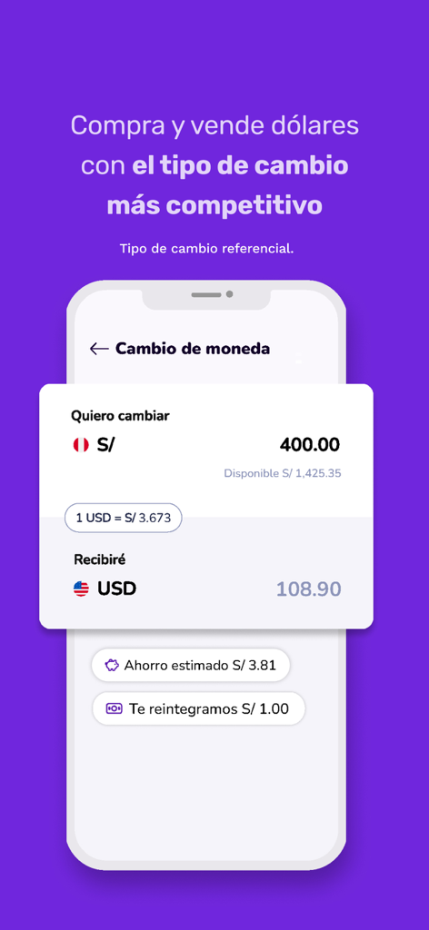 Prexpe - Cuenta digital - Prexpe app interface showing currency exchange from Peruvian Soles to US Dollars with a competitive rate