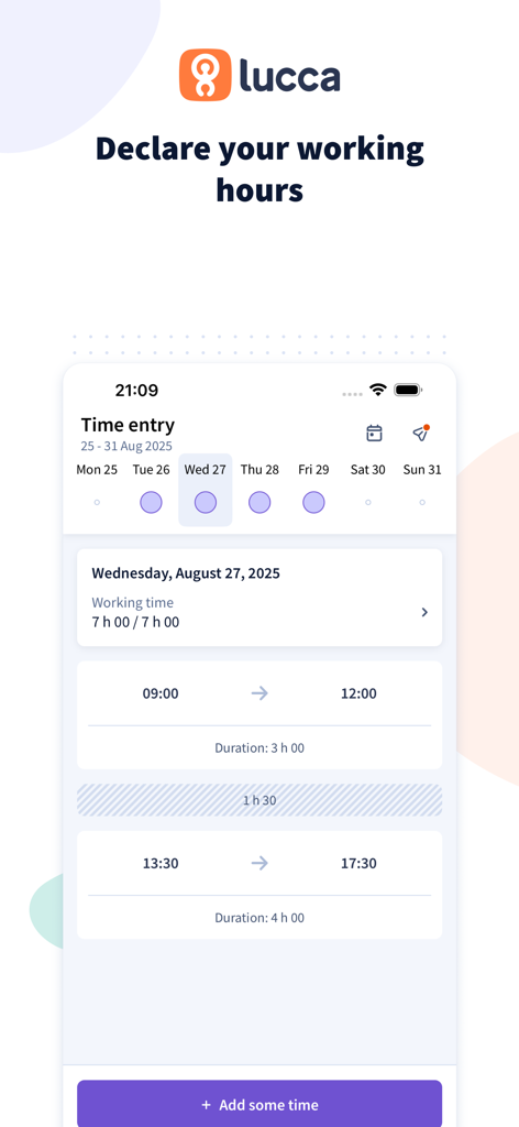 Tela do aplicativo móvel Lucca HR para declarar horas de trabalho diárias e gerenciar folhas de ponto